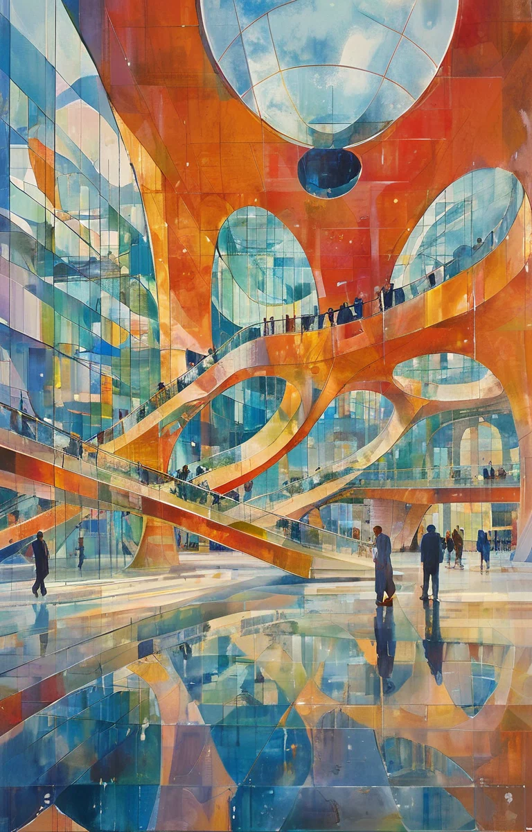 masterpiece,best quality,<lora:tbh304-sdxl:0.9>,illustration,designed by Norman Foster Postmodern corporate headquarters with playful, colorful elements reminiscent of Michael Graves