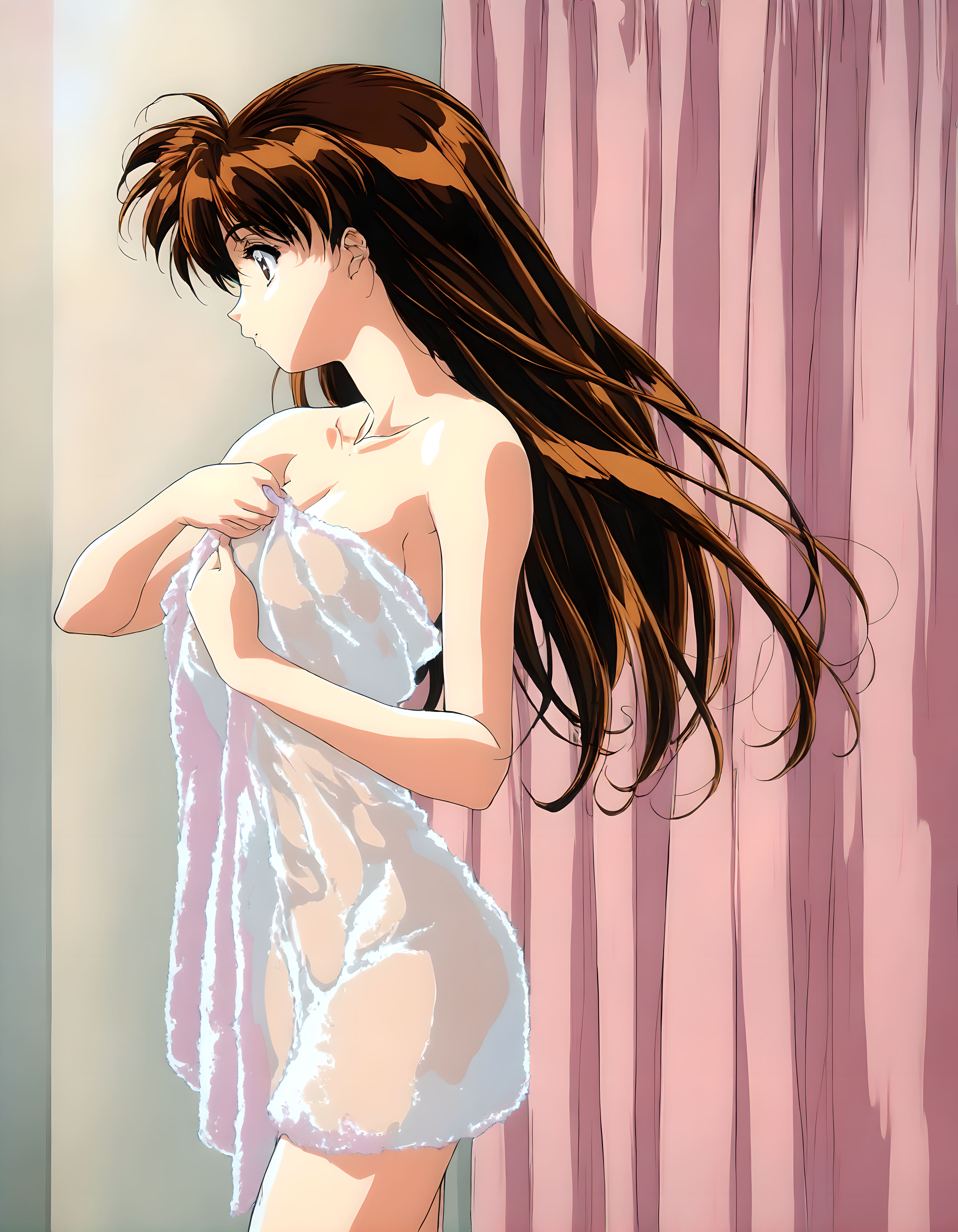 <lora:illustrious_XL_ryoko:0.9>,ryoko,masterpiece,best quality,good quality,1girl,solo,retro artstyle,naked towel,see-through,indoor,the dressing room,standing,cowboy_shot,profile,