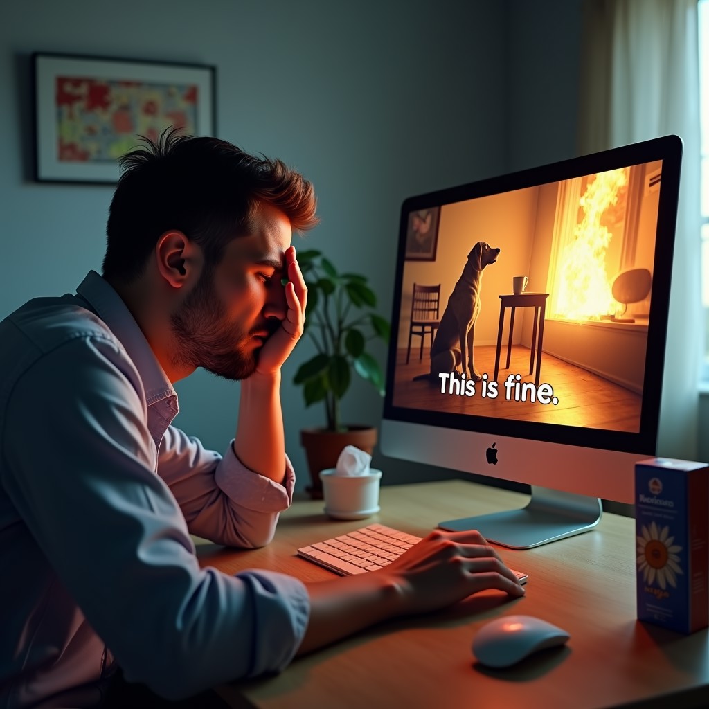 a photorealistic picture of a frustrated man sobbing at his desk while the pc is showing a meme picture of a dog sitting on a chair next to a table with a cup of tea in a room engulfed with flames with the text "This is fine" beneath. a pack of tissues and tube of lubricant is on the table next to the pc.