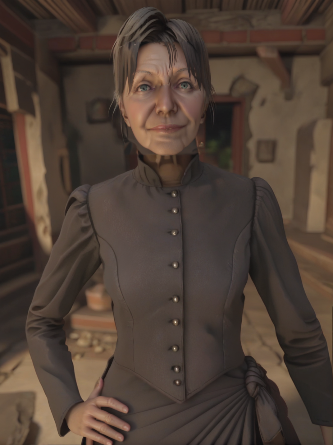 score_9, score_8_up, score_7_up,, screencap, realistic, 
1girl, dynamic pose, dynamic angle, one hand on hips, light smile, cowboy shot, dutch angle, medium breasts, warm light, ruins, fantasy, from above, hands up, portrait, looking at viewer, 
 <lora:ALuiza_character:1>, LuizaXL, old woman, grey hair, black dress, long sleeves, buttons, wrinkled skin
