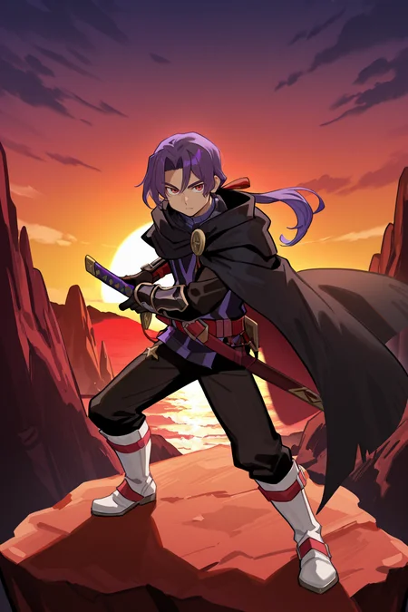 <lora:Battoujutsu_Stance:1> , battoujutsu stance, sheathed, sheath, sword, <lora:RussellIL:0.8> , rusdef, 1boy, red eyes, purple hair, long hair, ponytail, low ponytail, hair ribbon, black cloak, cape, striped tunic, tunic, belt, black pants, gauntlets, white boots, looking at viewer, full body, sunset, looking at viewer, mountains, cliffs, masterpiece, very aesthetic, absurdres, best quality, amazing quality, high resolution, <lora:illustrious_quality_modifiers_masterpieces_v1:0.8> , <lora:ChamIllustriousBackgroundEnhancer:0.5>, solo,