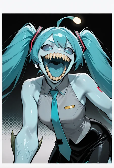 dynamic pose, miku cosplay,hatsune miku's hair, blue hair, long hair, grey shirt, sleeveless, black skirt, blue tie, twin tails,   <lora:ripjaws-08:1.2> ripjaws, sharp teeth, solo, claws, 1girl, light blue skin, open mouth, Anglerfish Lure, pokemon (creature), blue sclera, bangs,, masterpiece, best quality, amazing quality, very aesthetic, absurdres, newest,, upper body, halftone effect, white borders, abstract background:1.2,