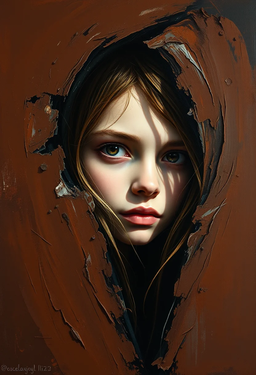 (An oil painting of beautiful a gorgeous young female) featuring bold, aggressive strokes of Drab dark brown color emerges from a deep shadow, creating a dynamic interplay of light and dark. The thick application of Drab dark brown color paint forms a textured surface, enhancing the sense of depth and dimensionality. Layered in a parallax style, the Drab dark brown colors fluctuate as the viewer shifts perspective, revealing rich undertones and subtle variations in hue. This dramatic composition invites exploration, with swirling forms and jagged edges that evoke a sense of movement and chaos, transforming the canvas into an immersive experience of visceral energy.