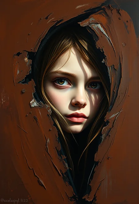(An oil painting of beautiful a gorgeous young female) featuring bold, aggressive strokes of Drab dark brown color emerges from a deep shadow, creating a dynamic interplay of light and dark. The thick application of Drab dark brown color paint forms a textured surface, enhancing the sense of depth and dimensionality. Layered in a parallax style, the Drab dark brown colors fluctuate as the viewer shifts perspective, revealing rich undertones and subtle variations in hue. This dramatic composition invites exploration, with swirling forms and jagged edges that evoke a sense of movement and chaos, transforming the canvas into an immersive experience of visceral energy.