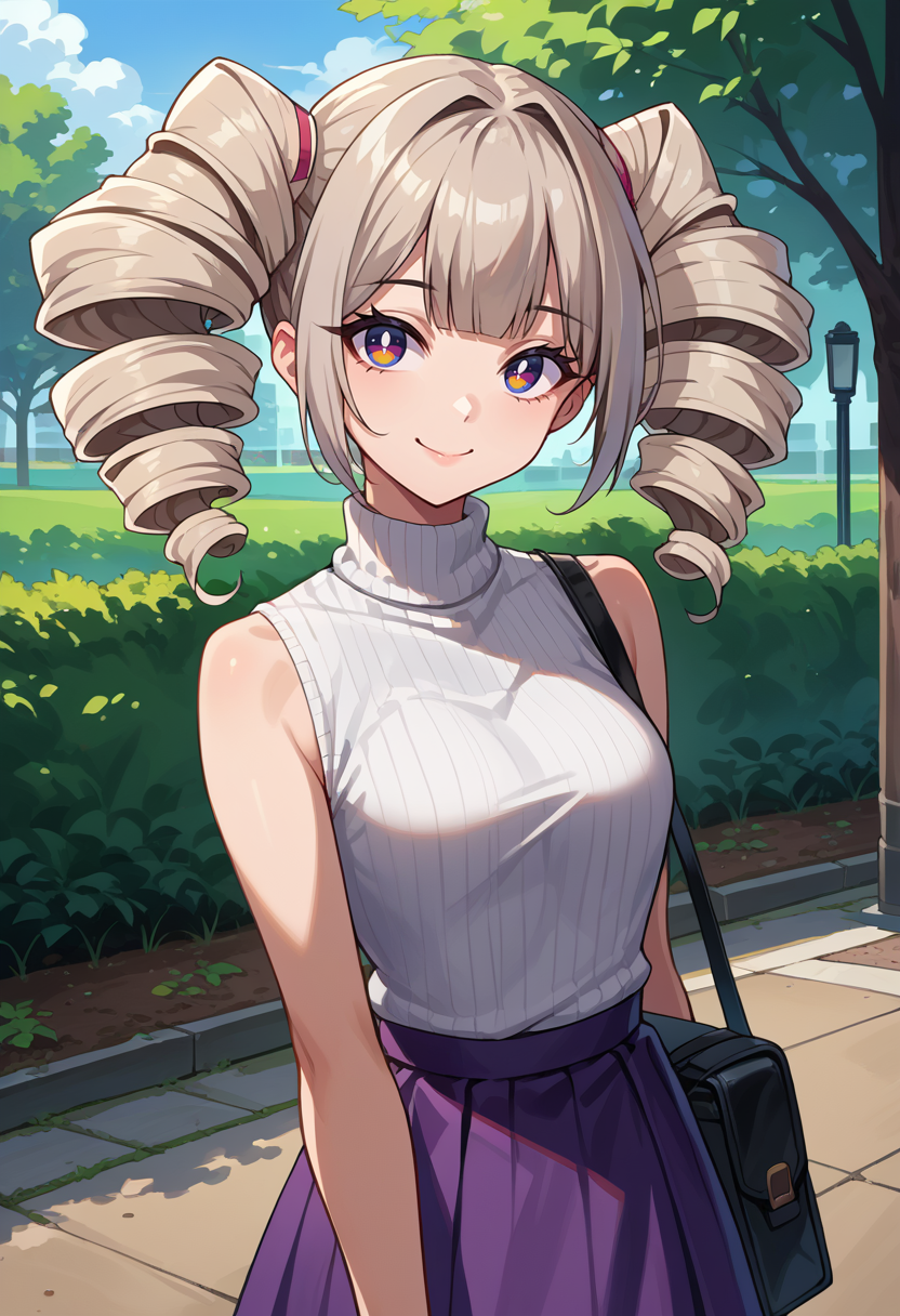 score_9, score_8_up, source_anime, 1girl, solo, ShiroToF, multicolored eyes, grey hair, twintails, twin drills, turtleneck, white sweater, sleeveless, bare arms, suspender skirt, purple skirt, outdoors, park, shoulder bag, smile, looking at viewer, <lora:ChamShiroToFPonyXL:1>