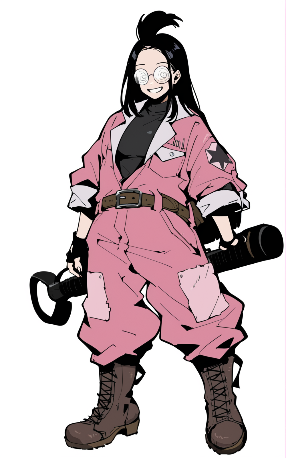 score_9, score_8_up, score_7_up,((best quality)), absurdres, ((full body)), <lora:BolivanteStyle:0.8>,   <lora:EMSPXL:0.8>,EMSPXL,jumpsuit, pink jumpsuit, combat boots, boots, gloves, fingerless gloves, topknot, belt, coke-bottle glasses, glasses, round eyewear, black shirt, black hair, long hair,white background,white glasses,smile, solo