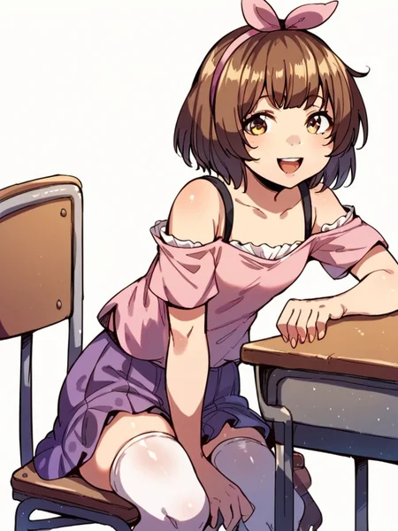 score_9, score_8_up, score_7_up,
1girl, mio tt, medium hair, brown hair, ribbon hairband, flat chest, brown eyes,
pink t-shirt, short sleeves, off-shoulder shirt, sitting, school chair, white background,
smile, open mouth, looking at viewer, thighhighs, purple skirt,