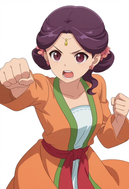 <lora:Ying Hua_illustrious-000040:1>,OG_\(Yinghua\),orange dress,solo,open mouth,clenched hand,teeth,upper body,hair ornament,purple eyes,purple hair,cowboy_shot,white_background,simple_background