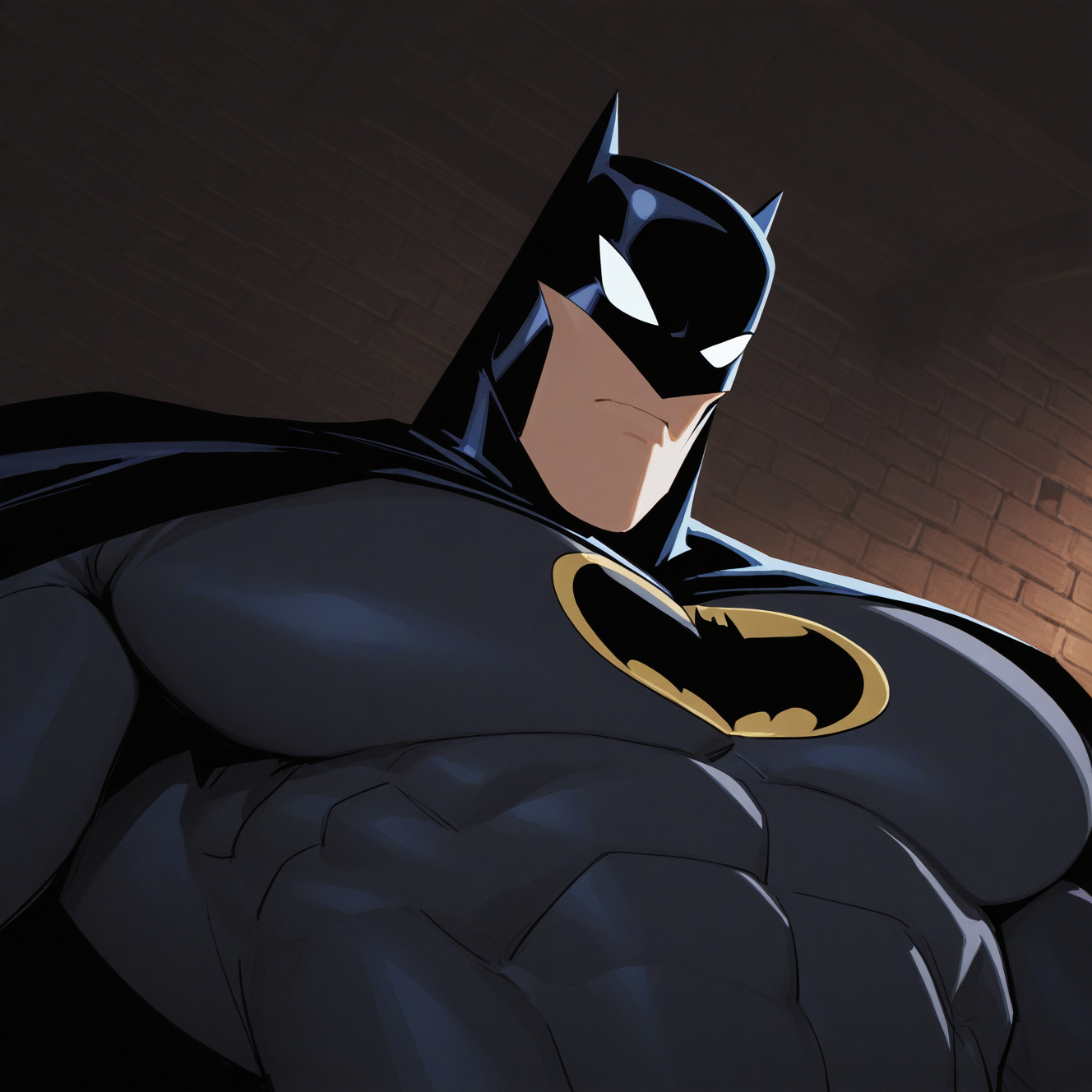 <lora:BATMAN_2004:1>batman_2004, solo, 1boy, closed mouth, upper body, big pectorals, male focus, cape, mask, bodysuit, black bodysuit, black cape, dark, white eyes, indoors, brick wall, dynamic perspective, detailed background, motion blur, film grain, abstract, natural lighting, fantasy, cinematic, dynamic view, tilted angle, very awa, masterpiece, best quality, absurdres, newest, perfect quality, detailed background, intricate details, (artist:fl \(l-fl\):0.7), (artist:tooboshoo:0.7), (artist:dizdoodz:0.8)