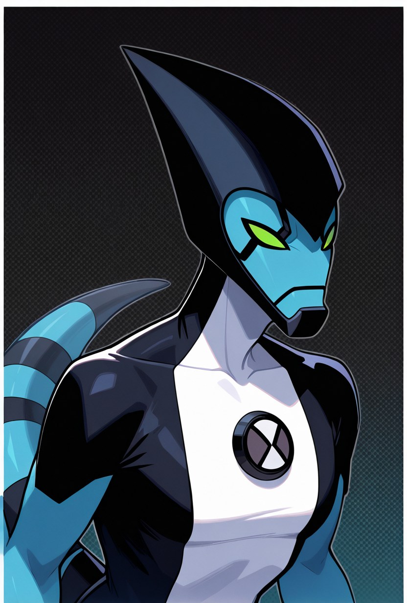 <lora:xlr8-10:1> xlr8, blue skin, green eyes, stripped tail, green sclera, pokemon (creature), alien, black chin,  simple background, masterpiece, best quality, amazing quality, very aesthetic, absurdres, newest,, upper body, halftone effect, white borders, abstract background:1.2,