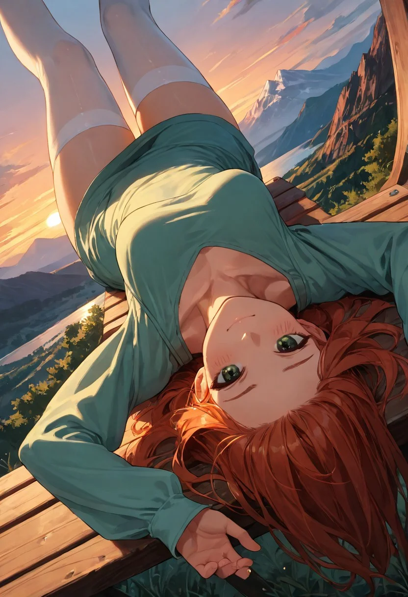 (score_9, score_8_up, score_7_up), zPDXL3, (drawn, upside down, wide hips:1.3),1girl, solo, medium breasts, redhead,
green eyes, long hair, white thighhighs, green dress, from above, sunset, dynamic lighting, sundress, sleeves, blush, reclining, bench, from side,
outdoors, mountains, river, (face focus, close-up:1.5),
looking at viewer, from above, collarbone,
dutch angle,
smug,