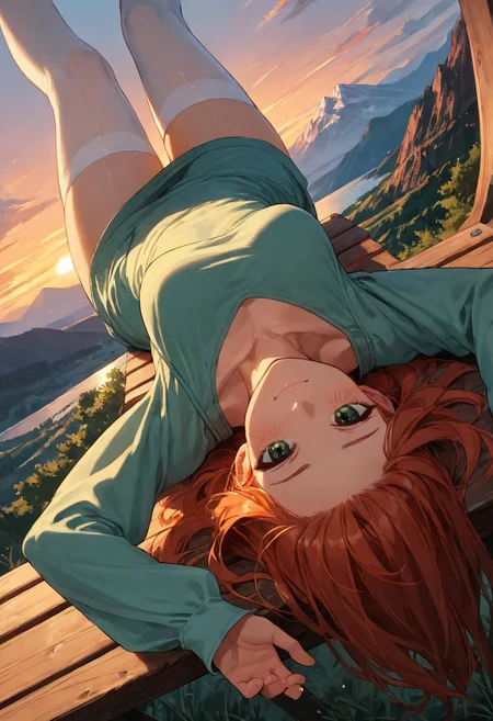 (score_9, score_8_up, score_7_up), zPDXL3, (drawn, upside down, wide hips:1.3),1girl, solo, medium breasts, redhead, 
green eyes, long hair, white thighhighs, green dress, from above, sunset, dynamic lighting, sundress, sleeves, blush, reclining, bench, from side,
outdoors, mountains, river,  (face focus, close-up:1.5),
looking at viewer, from above, collarbone,
dutch angle, 
smug,
