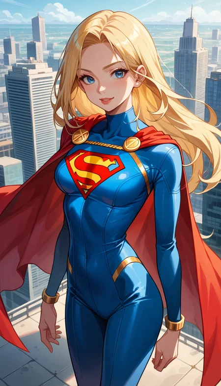 score_9, score_8_up, score_7_up, Anime Style, Cowboy Shot, Supergirl, cute, seductive, innocent, light smile:0.3, plump lips, slender body, blonde long hair, in high detailed and textured Supergirl suit, long red cape, gold ornate, gold embedded, landing, above the skyscrapers, ready for combat, arms along the body, city skylines Background, depth of field, dynamic angle, fashion photography, sharp, hyperdetailed:1.15