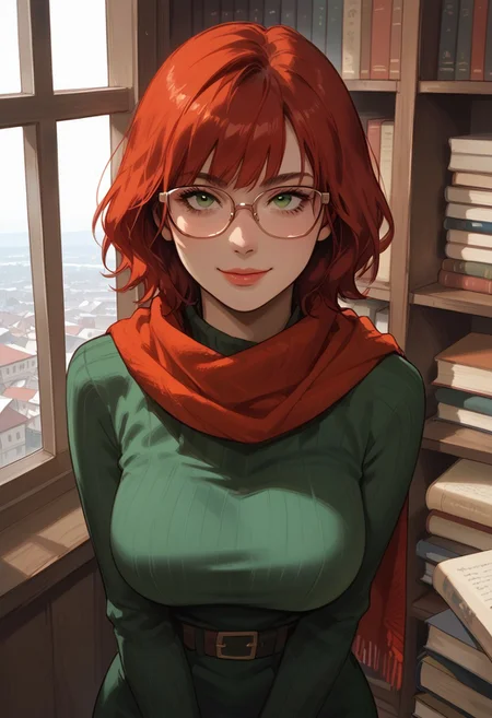 score_9,score_8_up,score_7_up,score_6_up,score_5_up, masterpiece, best_quality, ultra-detailed, from above
BREAK
1girl, solo, short red hair, bangs, green eyes, aviator glasses, large breasts, short green dress, red scarf, sideways glance, smiling, books, mischievous smile
BREAK
L1brary, indoors, bookshelves, books, window