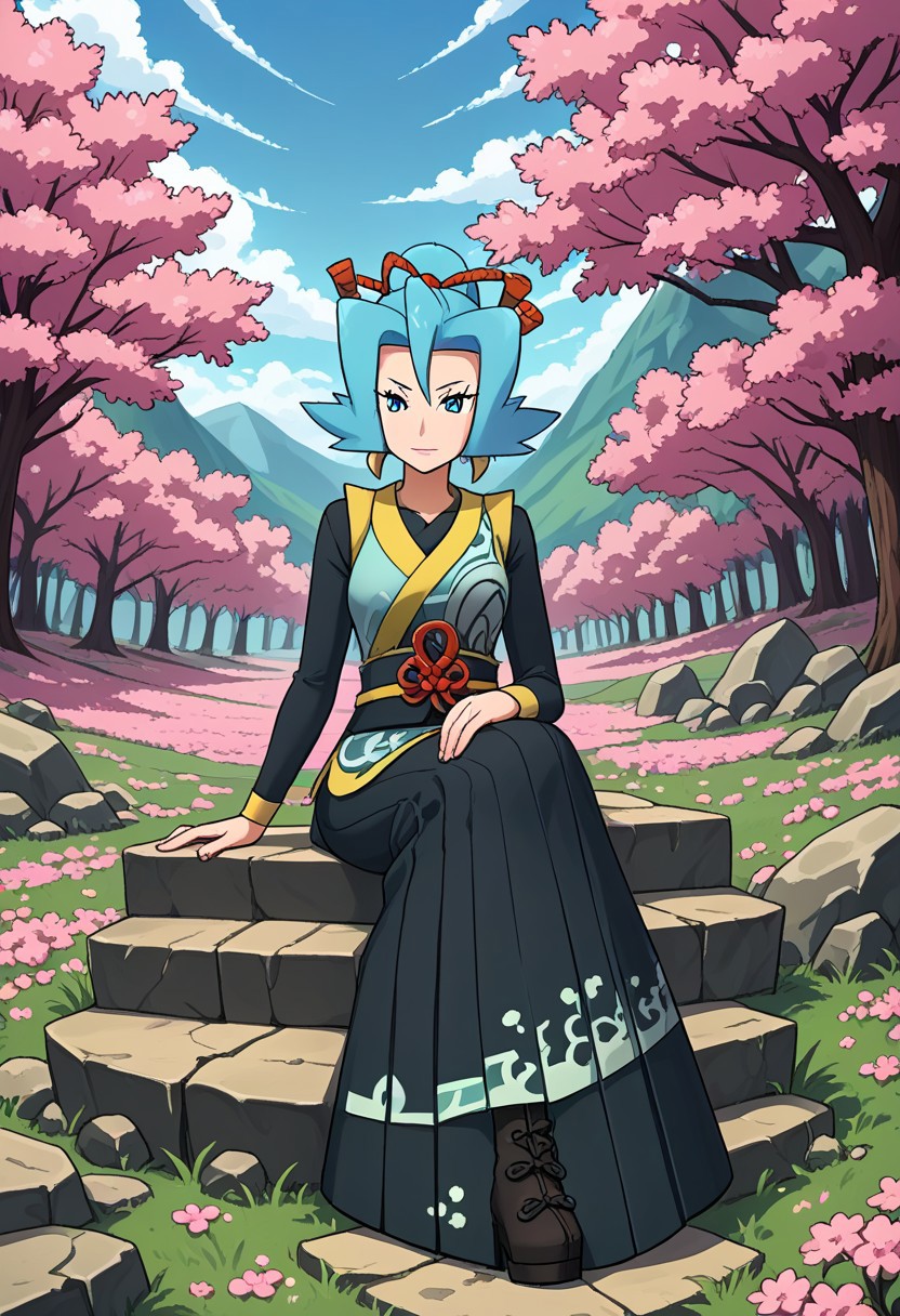 2d, 1girl, solo, sitting, on_rock, full_body, close-up, cherry blossoms, mountain, sunshine, clear sky, colorful, woods, nyclair, nycla, clair_\(pokemon\), blue_eyes, blue_hair, ponytail. hair_ribbon, japanese_clothes, hakama, very_long_dress, deatached_sleeves, boots, black_footwear, red_laces, score_9,score_8_up,score_7_up,source_anime, masterpiece, best quality, amazing quality