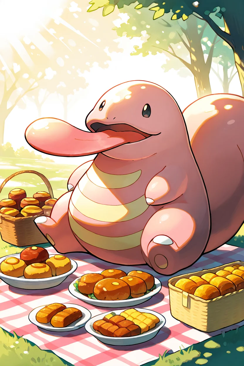 masterpiece, best quality, Lickitung, no humans, pokemon (creature), solo, <lora:LickitungPokedexIXL:1.0>, sitting on a picnic blanket, surrounded by food, playful expression, glowing afternoon sunlight, warm and cozy atmosphere, vibrant and fun, detailed