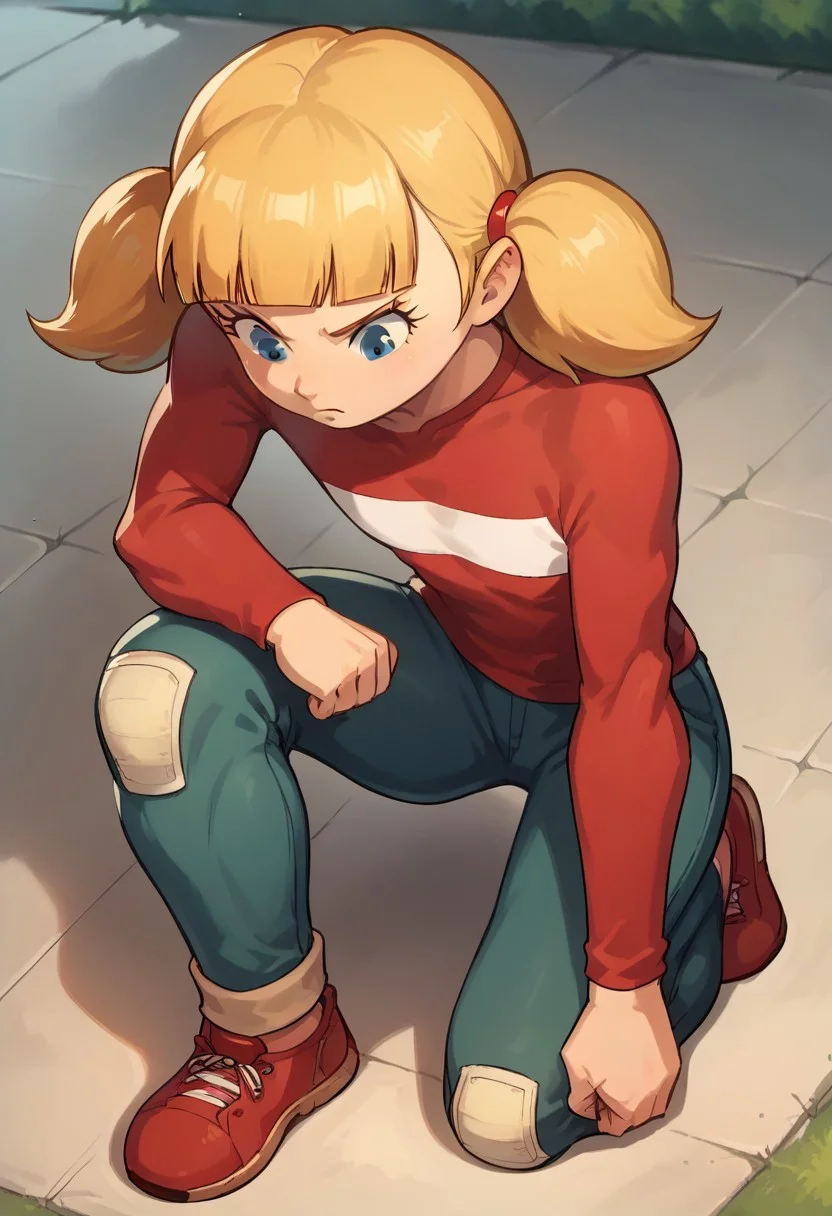 score_8, score_8_up, score_7_up, score_6_up, BREAK, 1girl, solo, female focus, penny_ig, blonde hair, twintails, blue eyes, red shirt, stripe, pants, knee patch, flat chest, on one knee, full body, looking down, clenched hands, hand on ground, arm on knee