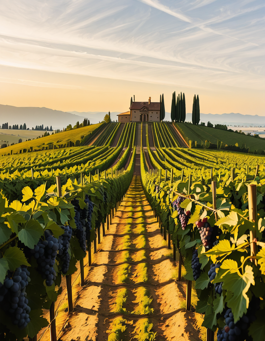 A breathtaking vineyard stretching across rolling hills, bathed in the warm golden light of late afternoon. The neatly aligned rows of grapevines are lush and vibrant, their deep green leaves contrasting with the rich, fertile soil beneath them. The vines are heavy with ripe, plump grapes in shades of deep purple and rich green, glistening under the sunlight. In the background, a rustic stone farmhouse with a terracotta roof sits atop a small hill, surrounded by tall cypress trees. A narrow dirt path winds through the vineyard, leading towards the farmhouse. The sky is a soft blue with wispy clouds scattered across the horizon. In the distance, a range of low mountains adds depth to the landscape. The atmosphere is peaceful and idyllic, evoking the charm of a traditional wine-growing region like Tuscany or Bordeaux. 
<lora:SDXLFaeTastic2400:0.4> <lora:extremely_detailed:0.4> extremely detailed
,v1n3y4rd <lora:v1n3y4rd-i:1>, Masterpiece,best quality,hi res,8k,hi res,8k,award winning,(sharp focus, intricate, highly detailed),