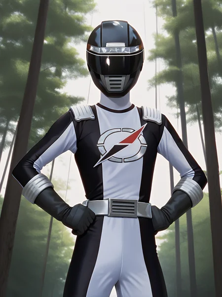 masterpiece, best quality, amazing quality, very aesthetic, absurdres, newest, anime screenshot, <lora:GoGo_Sentai_Boukenger_CharacterPack:1>bokenblack, robot, solo, bokblk helmet, bokblk bodysuit, bokblk belt, bokblk gloves, ,,simple background, , white background, upper body, looking at viewer, hands on own hips,