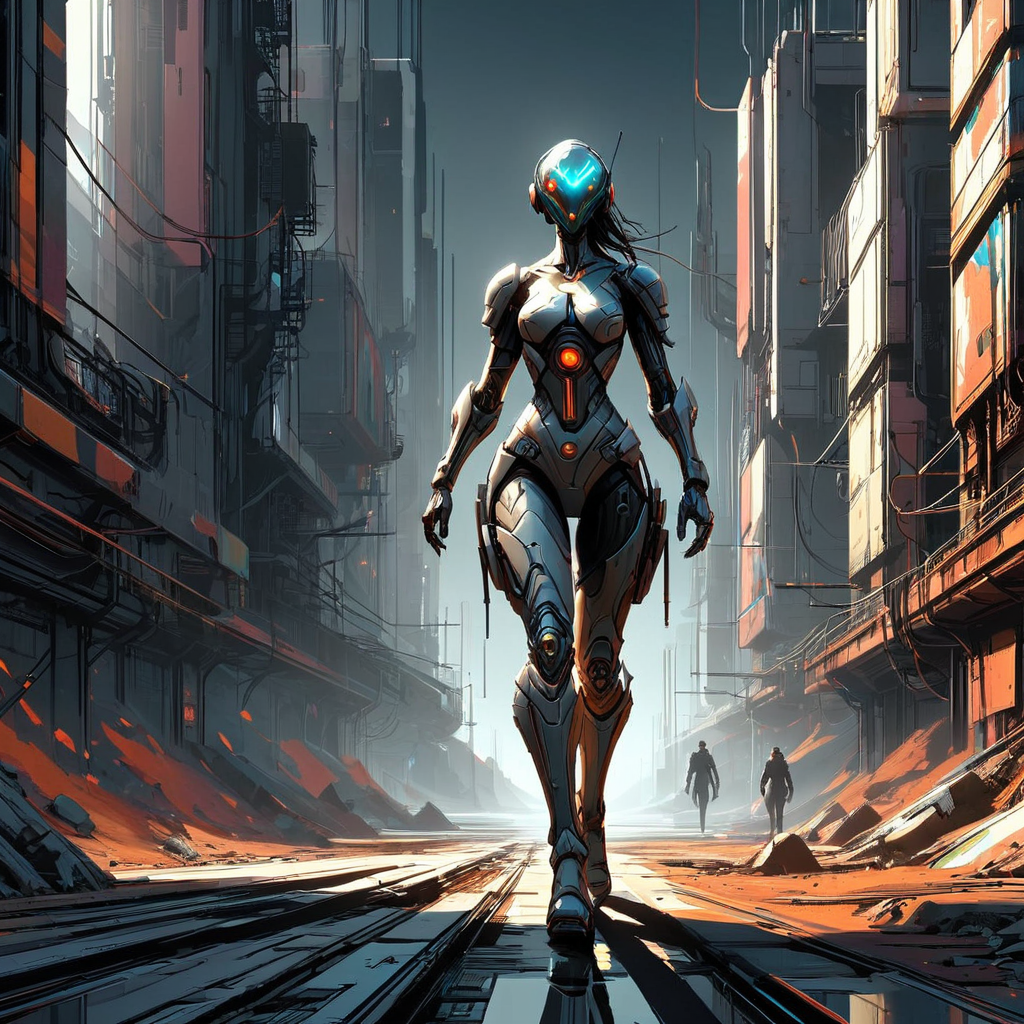 InkBlast, a cyborg woman, walking through dystopian outlands