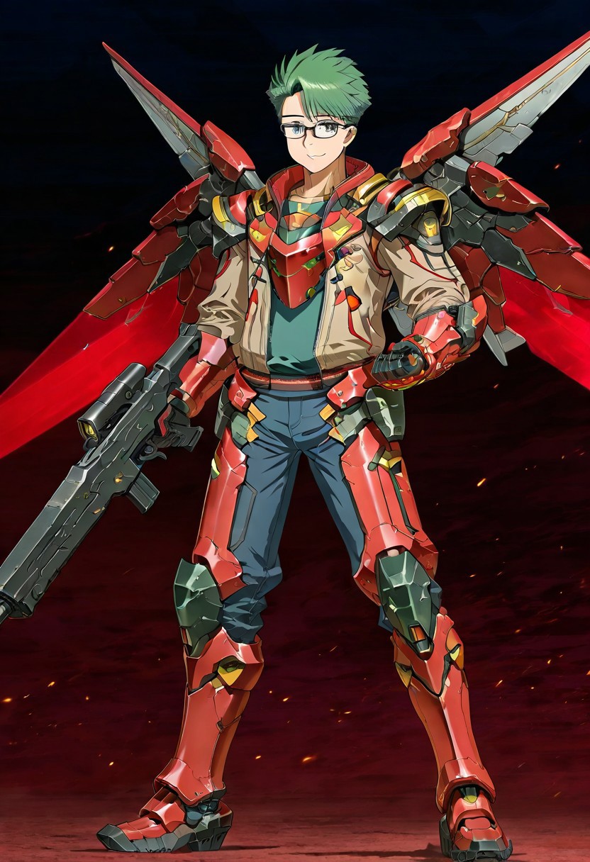 gb4_tao, green hair, short hair, grey eyes, 1boy, solo, male focus, glasses, lean body, wear mecha armor with eagle mecha wings, red mecha armor theme, fly toward the viewer, fight pose, high quality,  armaments equipped in the armor,  score_9, futuristic city in the background, BREAK, his right hand is holding beam rifle, high quality, best quality, masterpiece, detailed draw,detailed eyes, detailed face