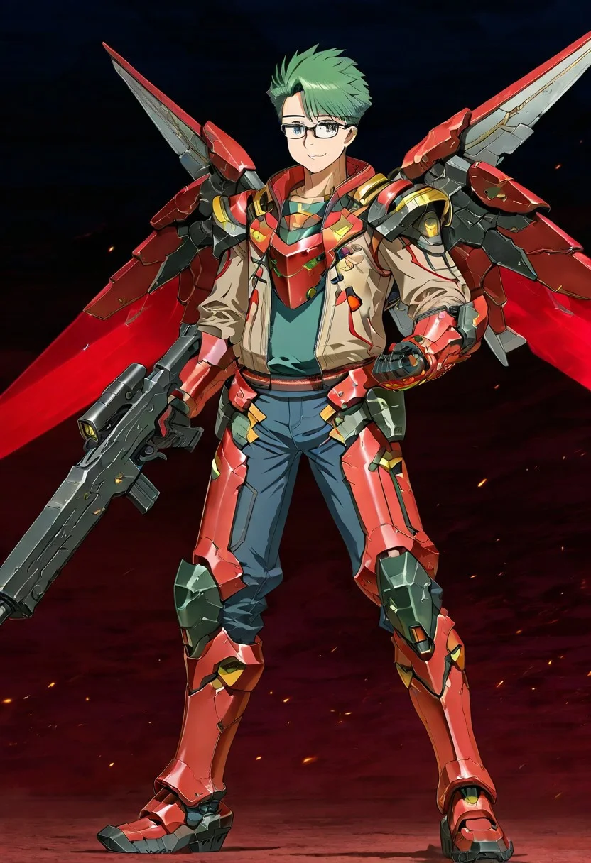 gb4_tao, green hair, short hair, grey eyes, 1boy, solo, male focus, glasses, lean body, wear mecha armor with eagle mecha wings, red mecha armor theme, fly toward the viewer, fight pose, high quality, armaments equipped in the armor, score_9, futuristic city in the background, BREAK, his right hand is holding beam rifle, high quality, best quality, masterpiece, detailed draw,detailed eyes, detailed face