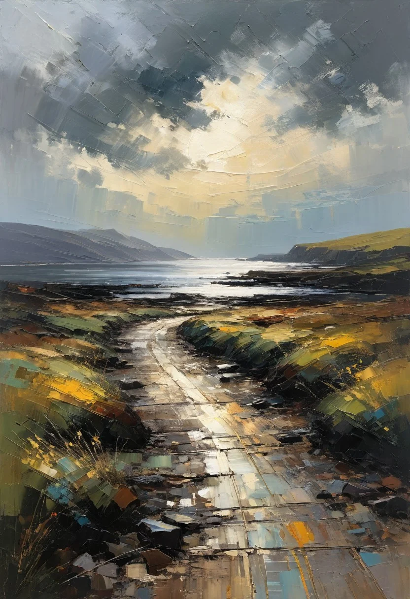A raw, expressive scene infused with emotional intensity and gestural texture. Coastal landscapes with stormy skies or gritty urban settings—particularly Glasgow street children—are rendered with thick, impasto brushwork and earthy, moody tones. The forms are loose yet evocative, capturing fleeting light, rugged terrain, or the spirit of childhood with immediacy and tenderness. Scratched lines, layered pigments, and weathered textures give the work a tactile presence, blending realism with abstraction. The atmosphere is both intimate and turbulent, rooted in lived experience and deep empathy.