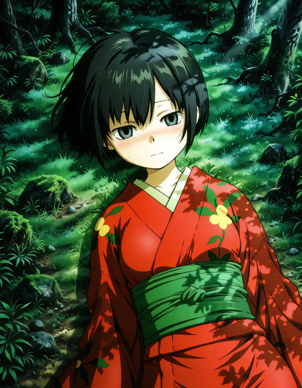 (1girl, solo:1.3), (2girls, 3girls, 4girls, multiple girls, 2boys, 3boys, 4boys, multiple boys:-1.5) <lora:Ioroi_Renzu_Mushi-shi_Illustrious:0.9>, ioroi_renzu, medium breasts, grey eyes, green eyes, black hair, short hair, bob cut, bangs, hair between eyes, japanese clothes, kimono, red kimono, obi, green obi, sandals embarrassed, (half-closed eyes:0.7), general, contrapposto, dynamic pose, , portrait, straight-on, pov, dutch angle, outdoors, forest, japanese forest, japanese shrine, (torii:-1.0), ancient forest, dense foliage, mossy trees, mist, eerie silence, no people, overgrown, primeval, twilight lighting, mystical, waterfall, A vast, untouched forest frozen in time, where ancient, towering trees with thick, moss-covered trunks rise from a ground layered with centuries of decaying leaves and soft green undergrowth. Twisted roots snake across damp soil, and the air hangs heavy with mist and silence. Shafts of pale light struggle to pierce the dense canopy, casting a faint glow on the shadowy floor below. Ferns and strange fungi thrive in the perpetual twilight, and no sign of human presence disturbs the eerie stillness. The atmosphere feels sacred, as if the forest itself is watching. An ancient forest with towering trees, where the ground is completely covered in vibrant green moss, creating a soft, carpet-like texture that absorbs all sound. The moss spreads in every direction, blanketing stones, roots, and fallen branches, giving the forest an untouched, surreal feeling. A green forest with tall trees and dense foliage, an abstract depiction of a tranquil forest scene, where the towering trees create a serene, mystical atmosphere. The forest floor is covered with rich greenery, and the soft natural light filters gently through the leaves, subtly illuminating the scene without overpowering the natural beauty of the surroundings. (close-up, face focus:1.2), (lying, on grass, on mold, on moss:1.3), twightlight, fog, , perspective, evening, (from above:1.2), , from side, (light leaks, light rays:1.1), <lora:NOOB_EPSv1_1_detailer_by_vlnvk_v1_0:1.5>, (photo background:0.7), evening, sunset, (tachibana yuu:0.6), inue shinsuke, (kazuma muramasa:0.0), saikawa yusa, (aoi manabu:0.6), abarerumidori, (suzui narumi:0.6), masterpiece, newest, absurdres, 8K, anime screenshot, anime coloring, flat color, official art, film grain, <lora:illustriousXLv01_stabilizer_v1.185c:0.7>, <lora:LECO_Solo:-4.0>,