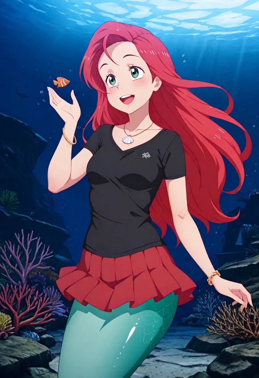 score_9, score_8_up, score_7_up, score_6_up, high resolution, gorgeous, absurdres, best quality, anime screencap, source_anime, blue-senpai, official art, 1girl, ar13l, mermaid, underwater, coral reef, Black t-shirt, red skirt, pleated skirt, shell necklace, bracelets, smile