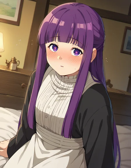 score_9, score_8_up, score_7_up, source_anime,
fern, <lora:fern-s1-ponyxl-lora-nochekaiser:1>,
fern, long hair, bangs, purple eyes, purple hair, sidelocks, blunt bangs, bright pupils, half updo,
long sleeves, dress, white dress, long dress,
indoors, bed, bed room, on side, blush, drunk,
looking at viewer, cowboy shot, dutch angle,