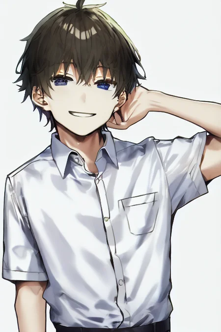 bangs, by sky-freedom, (1boy:1.2), solo, white collared shirt, smile, bold outlines, simple background, anatomy, upper body <lora:skyfreedom-v1-8k-lora:2>