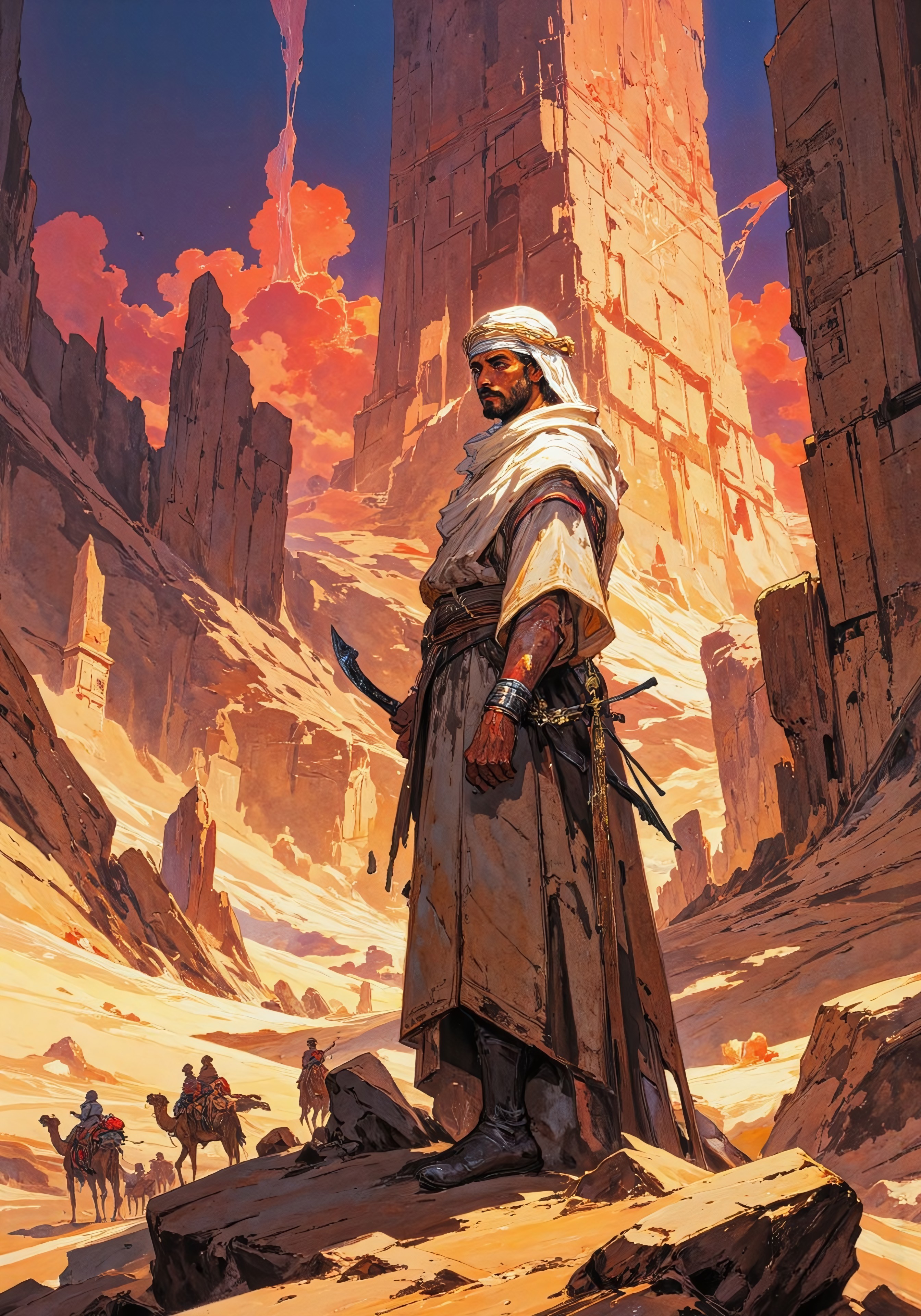 Masterpiece, best quality. An Arabian man with brown skin and a strong look in his eye, stands on a rock outcropping. He wears a flowing robe and a white keffiyeh wrapped around his head, partially shielding his face from the desert winds. An ornate, long, curved scimitar is sheathed at his belt, and his piercing dark eyes reflect both awe and determination. Behind him, a desert caravan approaches the ruins of an ancient lost city, half-buried in the sands. Towering sandstone pillars, intricately carved with forgotten scripts, stand defiantly against the elements. A colossal, fractured ziggurat rises in the distance, its stairways leading into the heavens. Massive statues, worn by centuries of wind, emerge from the dunes like slumbering giants. The caravan, composed of travelers in flowing robes, leads camels adorned with ornate saddles. As the sun sets the skies are filled with fiery crimson and orange clouds. DB4RZ, DB4RZ style painting, painted world