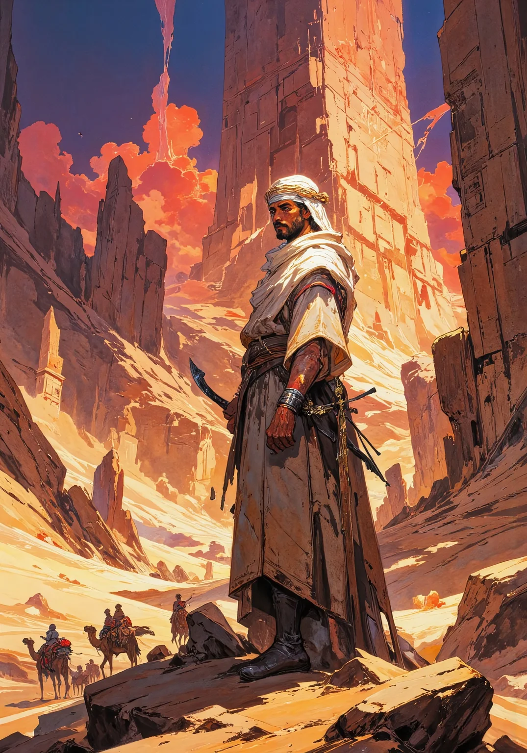 Masterpiece, best quality. An Arabian man with brown skin and a strong look in his eye, stands on a rock outcropping. He wears a flowing robe and a white keffiyeh wrapped around his head, partially shielding his face from the desert winds. An ornate, long, curved scimitar is sheathed at his belt, and his piercing dark eyes reflect both awe and determination. Behind him, a desert caravan approaches the ruins of an ancient lost city, half-buried in the sands. Towering sandstone pillars, intricately carved with forgotten scripts, stand defiantly against the elements. A colossal, fractured ziggurat rises in the distance, its stairways leading into the heavens. Massive statues, worn by centuries of wind, emerge from the dunes like slumbering giants. The caravan, composed of travelers in flowing robes, leads camels adorned with ornate saddles. As the sun sets the skies are filled with fiery crimson and orange clouds. DB4RZ, DB4RZ style painting, painted world
