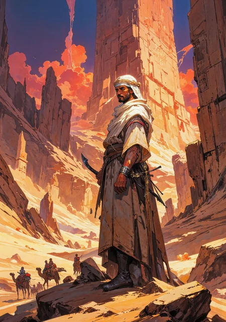 Masterpiece, best quality. An Arabian man with brown skin and a strong look in his eye, stands on a rock outcropping. He wears a flowing robe and a white keffiyeh wrapped around his head, partially shielding his face from the desert winds. An ornate, long, curved scimitar is sheathed at his belt, and his piercing dark eyes reflect both awe and determination. Behind him, a desert caravan approaches the ruins of an ancient lost city, half-buried in the sands. Towering sandstone pillars, intricately carved with forgotten scripts, stand defiantly against the elements. A colossal, fractured ziggurat rises in the distance, its stairways leading into the heavens. Massive statues, worn by centuries of wind, emerge from the dunes like slumbering giants. The caravan, composed of travelers in flowing robes, leads camels adorned with ornate saddles. As the sun sets the skies are filled with fiery crimson and orange clouds. DB4RZ, DB4RZ style painting, painted world