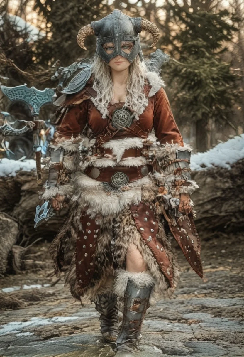 score_8, score_8_up, score_7_up, source_anime, 1other, solo, female focus,mclaus, white hair, old women, red christmas dress, dovahkiin armor, horned helmet, axe, long hair, blue eyes, brown gauntlets, holding axe, brown knee boots, cleavage, shoulder armor, looking at viewer, snow, winter masterpiece,best quality,amazing quality,very aesthetic,absurdres,newest,<lora:Dovahkiin illuXL v1:0.78>, standing, fully body, outdoors, snow, falling snow, blizzard, looking at viewer