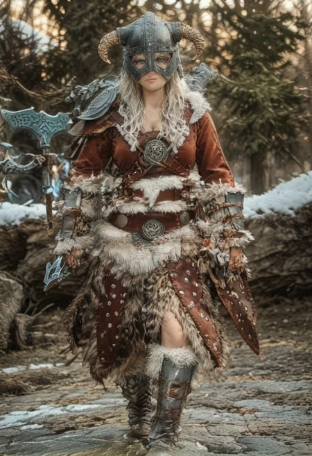score_8, score_8_up, score_7_up, source_anime, 1other, solo, female focus,mclaus, white hair, old women, red christmas dress, dovahkiin armor, horned helmet, axe, long hair, blue eyes, brown gauntlets, holding axe, brown knee boots, cleavage, shoulder armor, looking at viewer, snow, winter masterpiece,best quality,amazing quality,very aesthetic,absurdres,newest,<lora:Dovahkiin illuXL v1:0.78>, standing, fully body, outdoors, snow, falling snow, blizzard, looking at viewer