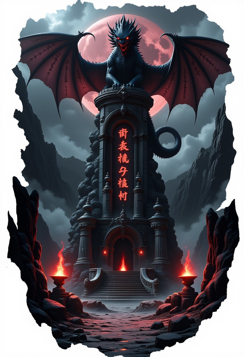 A dark fantasy concept art of an ancient dragon shrine. A massive black dragon with glowing red eyes perches on a towering stone pillar, surrounded by swirling magical runes. The shrine is built from ancient, weathered stone with intricate carvings glowing faintly in the dim light. The background features a misty, ominous landscape with jagged cliffs and a crimson-hued sky. Flames flicker from enchanted braziers, casting eerie shadows. The image is framed in an artistic cutout style, with a white background, making it appear as though the shrine emerges from the page.