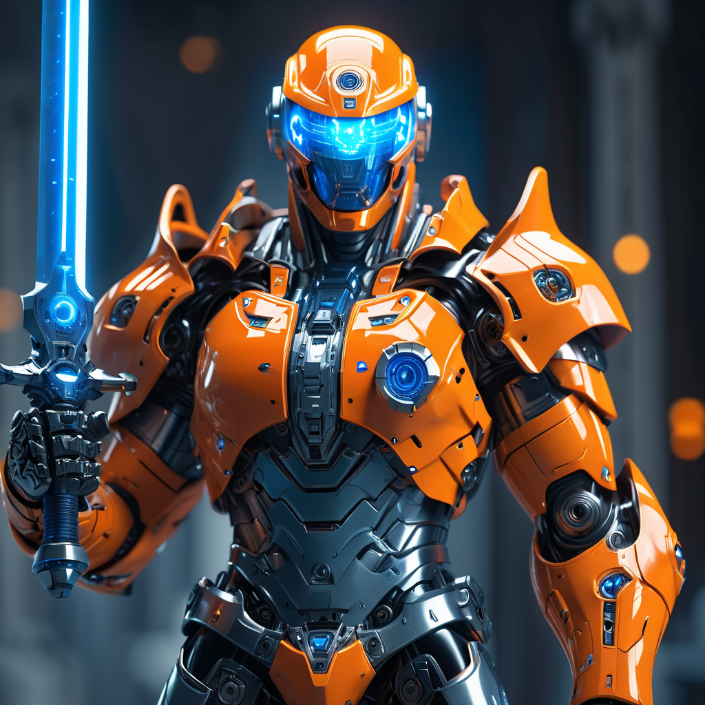 Close up shot of a futurisitc orange robot, wearing tech armor and robotic wins, holding blue glowing sword infront of him, standing up, futuristic spacestation in background, HKStyle, HD, masterpiece, best quality, hyper detailed, ultra detailed, super realistic