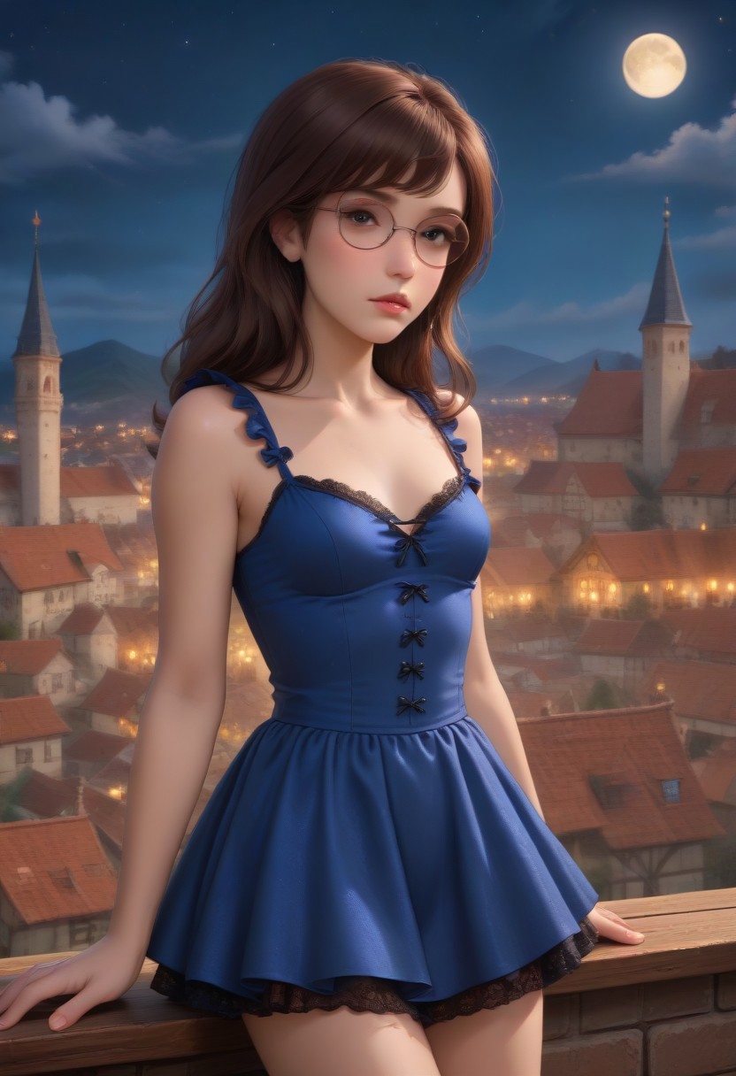 score_9, score_8_up, score_7_up, masterpiece, illustration, the best quality, ((solo)), 1girl, beautiful tender 18 years, lipstic, eyewear, small chest, small ass,
dariaTV, glasses, brown hair, long hair, round-rimmed eyewear, lips, dot eyes, bored eyes, expressionless,
Luxurious, beautiful, gothic darling blue dress (lace, frills)
Night, stars, only one Moon, 
 on rooftop, on top of medieval town, night time,
dynamic angle, cowboy shot, dynamic pose, cute, realistic, wide shot, view legs