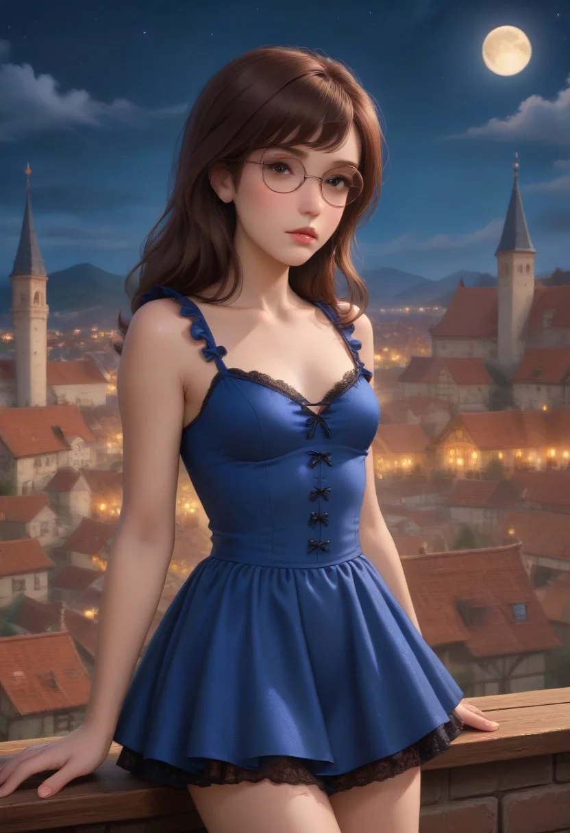 score_9, score_8_up, score_7_up, masterpiece, illustration, the best quality, ((solo)), 1girl, beautiful tender 18 years, lipstic, eyewear, small chest, small ass,
dariaTV, glasses, brown hair, long hair, round-rimmed eyewear, lips, dot eyes, bored eyes, expressionless,
Luxurious, beautiful, gothic darling blue dress (lace, frills)
Night, stars, only one Moon,
on rooftop, on top of medieval town, night time,
dynamic angle, cowboy shot, dynamic pose, cute, realistic, wide shot, view legs