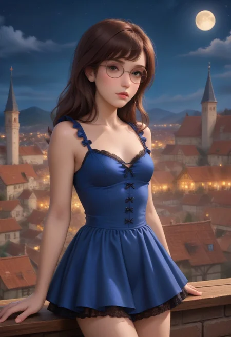 score_9, score_8_up, score_7_up, masterpiece, illustration, the best quality, ((solo)), 1girl, beautiful tender 18 years, lipstic, eyewear, small chest, small ass,
dariaTV, glasses, brown hair, long hair, round-rimmed eyewear, lips, dot eyes, bored eyes, expressionless,
Luxurious, beautiful, gothic darling blue dress (lace, frills)
Night, stars, only one Moon,
on rooftop, on top of medieval town, night time,
dynamic angle, cowboy shot, dynamic pose, cute, realistic, wide shot, view legs