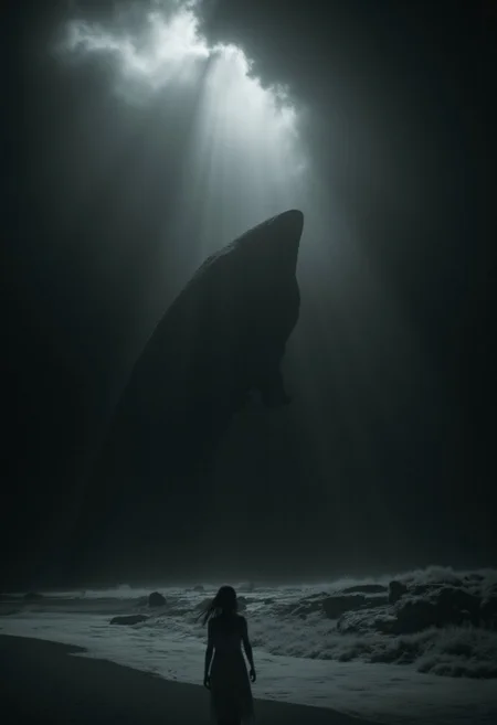 infrared image, black and white, monochrome, ((underwater, deep sea, Thalassophobia )), photorealistic cinematic  epic underwater supernatural landscape, dark water, lighting storm underwater, thunderstorm underwater, lightning flash illuminating a giant terrifying sea creature lurking in the dark background, woman standing on the beach with her hair and white dress blowing in the winds of the storm, she is small and miniscule in comparison to the gigantic creature