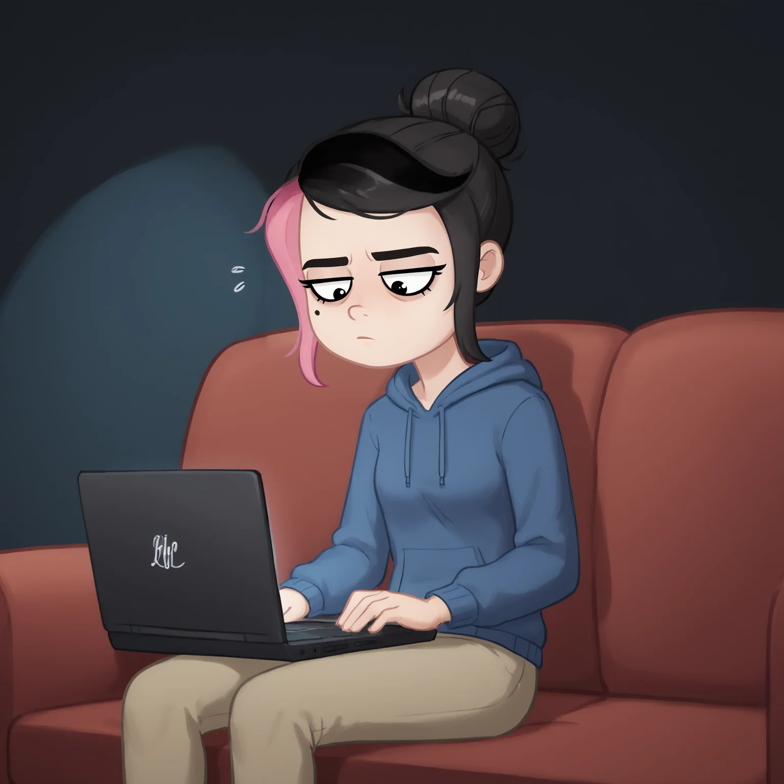 parody,score 8 up,score 7 up, score 9,dark_room,dim light,<lora:Illuminated_By_Screen:1> scr33nlum,laptop,sitting, dark,indoors, shadows, harsh lighting,tired,sleepy,sitting,couch,<lora:shezow_v2:0.6> shezow,blue hoodie,hair bun,black hair,pink hair, two-tone hair solo,cowboy shot,mole under eye,