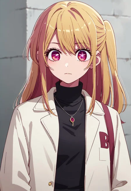 score_9, score_8_up, score_7_up, source_anime, hoshino ruby, blonde hair, long hair, pink eyes, symbol-shaped pupils, 1girl, solo, jacket, jewelry, necklace, turtleneck, closed mouth, black shirt, white jacket, shirt, upper body, one side up