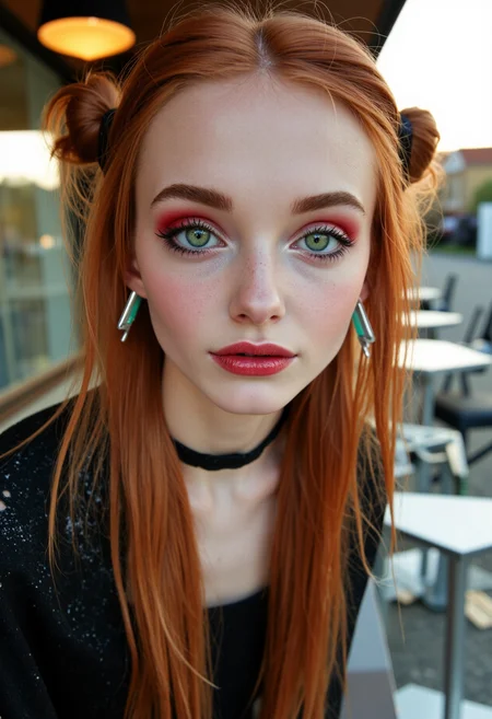 Documentary ultra closeup photo showcasing the beauty of thin czech female, 20yo, with dreamy emerald green hooded eyes and downturned lips with an elegant attitude. She has long ginger space-buns hair and emo-scene makeup featuring shades of red and eccentric eyeshadow with glossy lipstick in combination with ear cuff earrings. Set outside in a cafe with patio seating, with geometrical futuristic tables made of scrap metal, on a sunny spring sunrise. With diffuse front-lighting, realistic, best quality, authentic <lora:flux_skinny_slider>