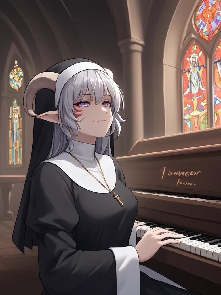 source_furry, score_7_up, rating_safe, source_anime,anime face,<lora:whisker_markings:0.8>red whisker_markings:1.2, silver long wavy hair, bell necklace, short pointy ears, purple eyes, <lora:age_slider_v4:0.6>
nun:1.2,
organ \(instrument\):1.3, pipe_organ, playing instrument:1.2, church, back, sitting, pipe, smile,
organ_(instrument),
solo,
<lora:Tieflingnew weird fantasyDND:0.3><lora:Smooth Style 2 SDXL_LoRA_Pony Diffusion V6 XL:0.3> detailed face,
<lora:Test_Diana:0.3> tiefling_bard_diana, <lora:INKxXmo shaded face:0.6> Shaded Face:1.2,INKxXmo Dark Theme,
<lora:organ:1>