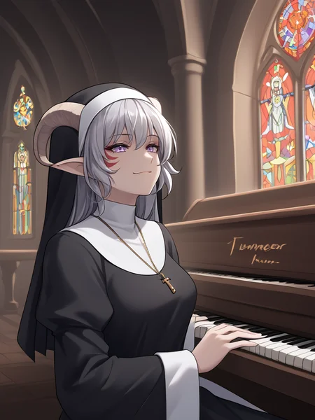 source_furry, score_7_up, rating_safe, source_anime,anime face,<lora:whisker_markings:0.8>red whisker_markings:1.2, silver long wavy hair, bell necklace, short pointy ears, purple eyes, <lora:age_slider_v4:0.6>
nun:1.2,
organ \(instrument\):1.3, pipe_organ, playing instrument:1.2, church, back, sitting, pipe, smile,
organ_(instrument),
solo,
<lora:Tieflingnew weird fantasyDND:0.3><lora:Smooth Style 2 SDXL_LoRA_Pony Diffusion V6 XL:0.3> detailed face,
<lora:Test_Diana:0.3> tiefling_bard_diana, <lora:INKxXmo shaded face:0.6> Shaded Face:1.2,INKxXmo Dark Theme,
<lora:organ:1>