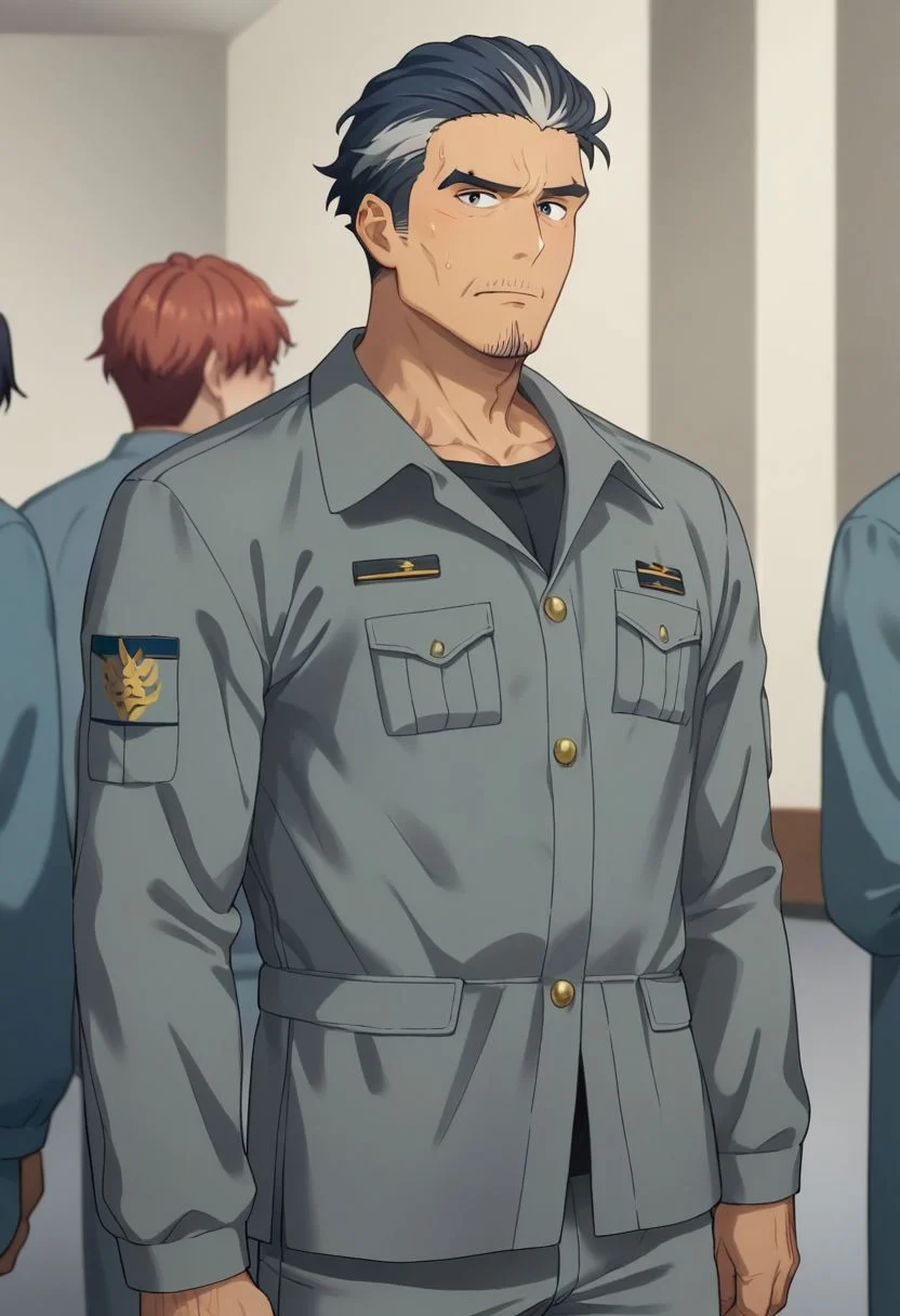 score_9,score_8_up,score_7_up, solo male, Isao Kawada \(Brave Bang Bravern\), streaked hair, two-tone hair, slicked back hairstyle, facial hair, stubble, black eyes, grey military jacket, (closed jacket), grey pants, long sleeves, adult, mature, masculine, tone body, handsome, charming, alluring, standing, upper body, perfect anatomy, perfect proportions, best quality, masterpiece, high_resolution, dutch angle, cowboy shot, indoor, resigned expression, sweatdrop, ((perfecteyes))