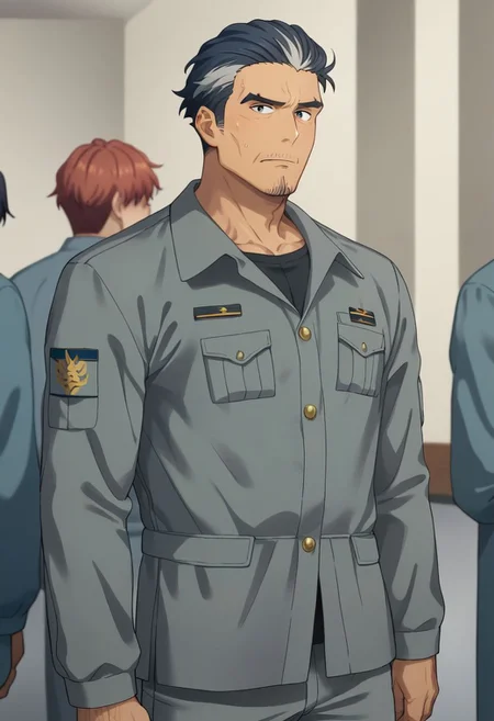 score_9,score_8_up,score_7_up, solo male, Isao Kawada \(Brave Bang Bravern\), streaked hair, two-tone hair, slicked back hairstyle, facial hair, stubble, black eyes, grey military jacket, (closed jacket), grey pants, long sleeves, adult, mature, masculine, tone body, handsome, charming, alluring, standing, upper body, perfect anatomy, perfect proportions, best quality, masterpiece, high_resolution, dutch angle, cowboy shot, indoor, resigned expression, sweatdrop, ((perfecteyes))