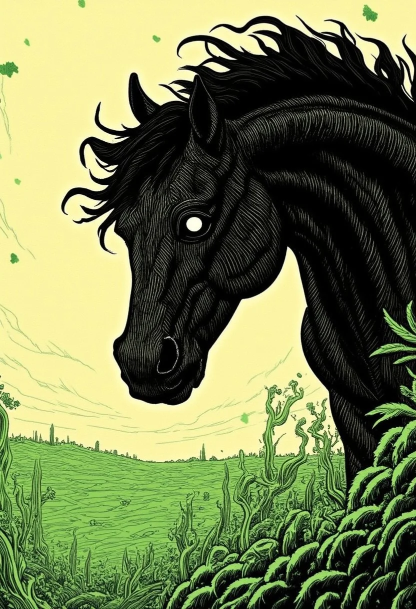 monochrome with color, M100-style, a tree with billowing branches and leafs in a dried out Desert meadow, Green leafs, black eerie horse with multiple eyes,